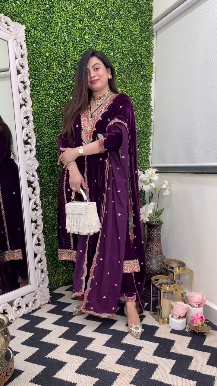 Lehenga Mart Designer Heavy Pure Viscose Velvet Top Pant & Dupatta Set-Purple | Grocsy
