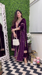 Lehenga Mart Designer Heavy Pure Viscose Velvet Top Pant & Dupatta Set-Purple | Grocsy