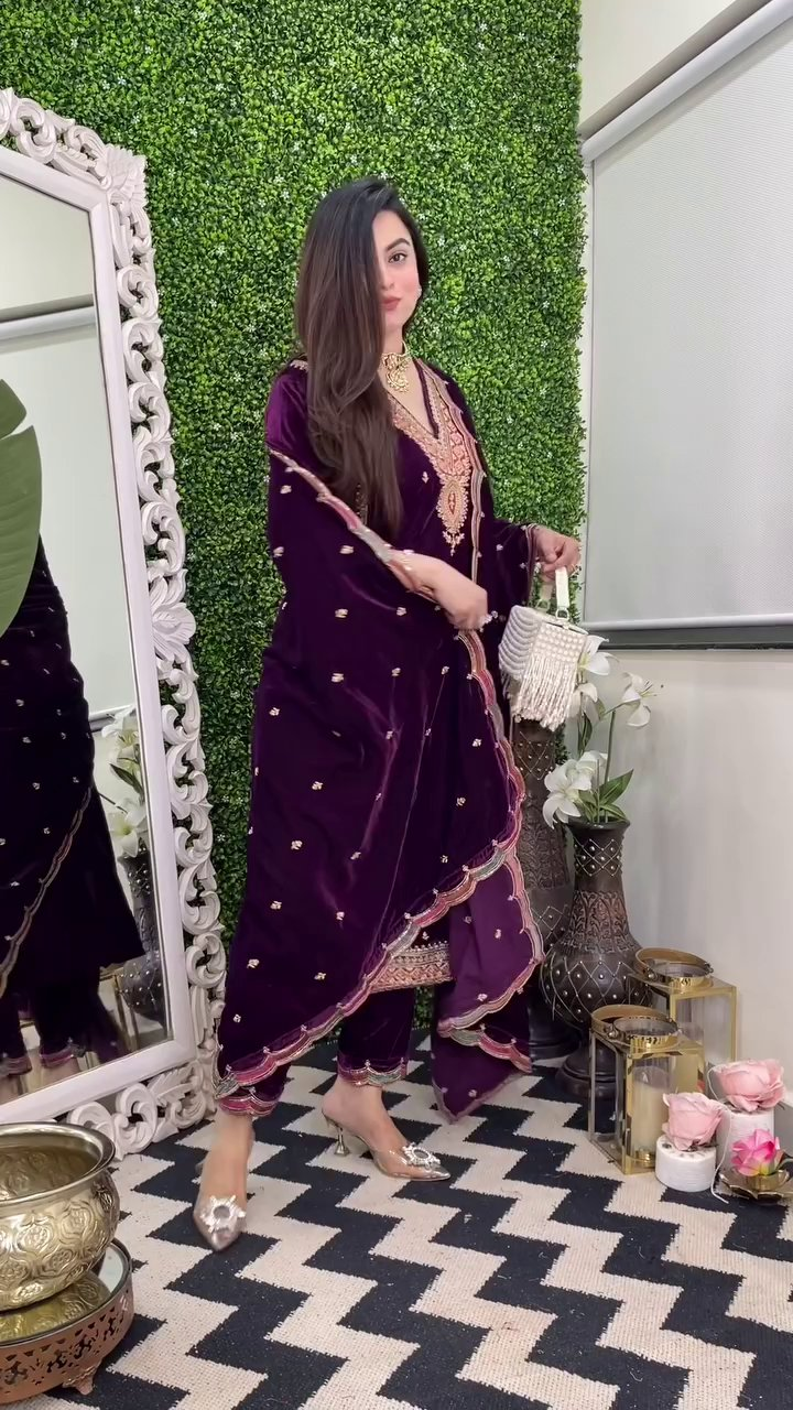 Lehenga Mart Designer Heavy Pure Viscose Velvet Top Pant & Dupatta Set-Purple | Grocsy