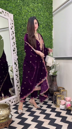 Lehenga Mart Designer Heavy Pure Viscose Velvet Top Pant & Dupatta Set-Purple | Grocsy