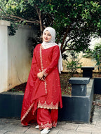 Lehenga Mart Sequence Embroidery Top And Palazzo With Dupatta Set-Red | Grocsy