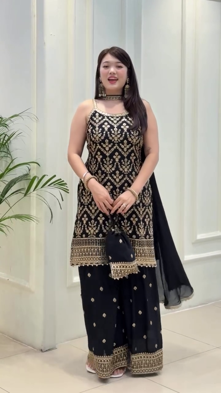 Lehenga Mart Designer Sequence Embroidery Top And Palazzo With Dupatta Set-Black | Grocsy