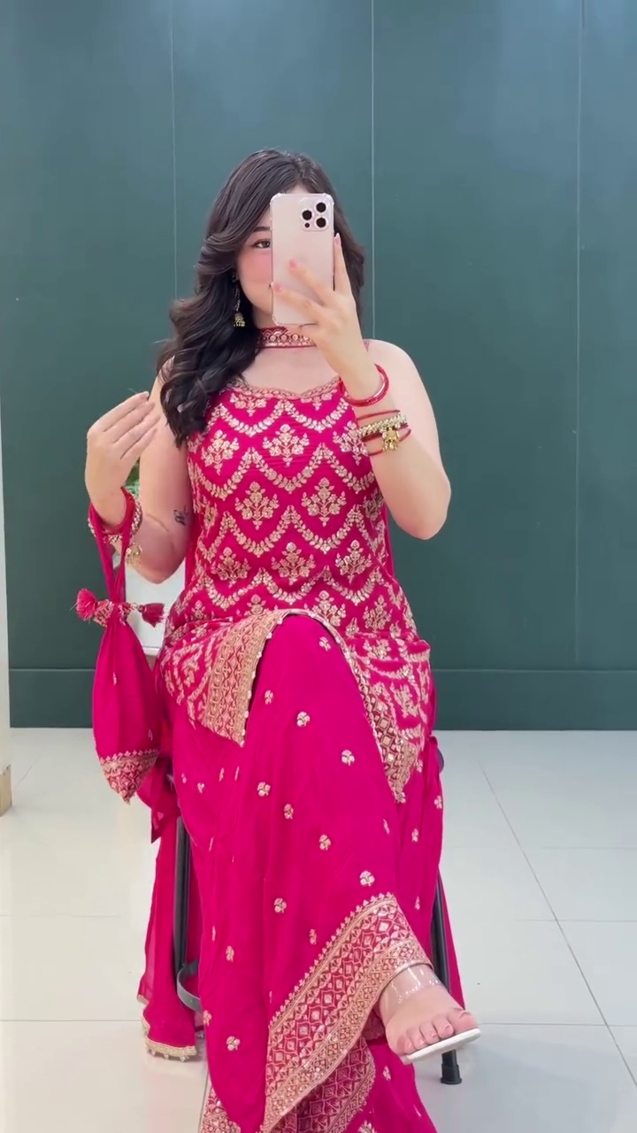 Lehenga Mart Designer Sequence Embroidery Top And Palazzo With Dupatta Set-Pink | Grocsy