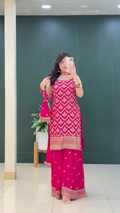 Lehenga Mart Designer Sequence Embroidery Top And Palazzo With Dupatta Set-Pink | Grocsy
