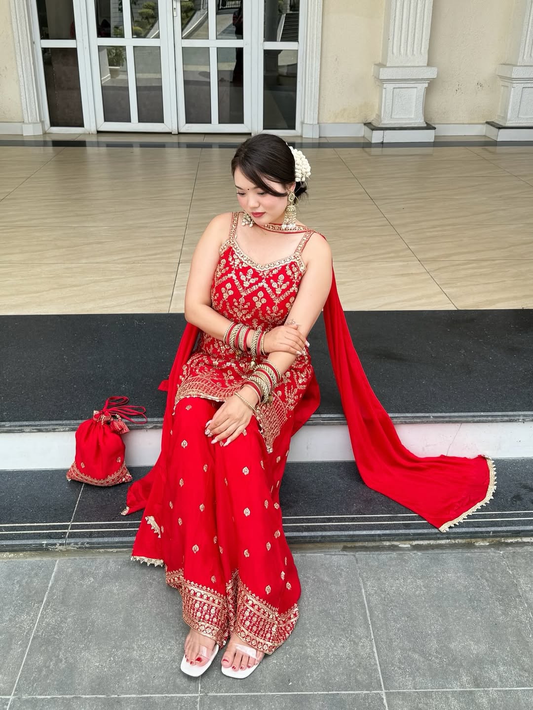 Lehenga Mart Designer Sequence Embroidery Top And Palazzo With Dupatta Set-Red | Grocsy