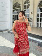 Lehenga Mart Designer Sequence Embroidery Top And Palazzo With Dupatta Set-Red | Grocsy