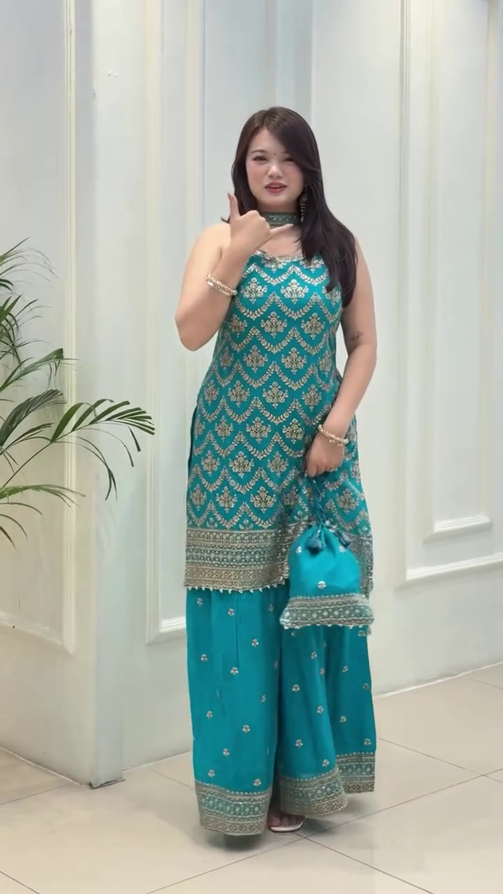 Lehenga Mart Designer Sequence Embroidery Top And Palazzo With Dupatta Set-Sky Blue | Grocsy