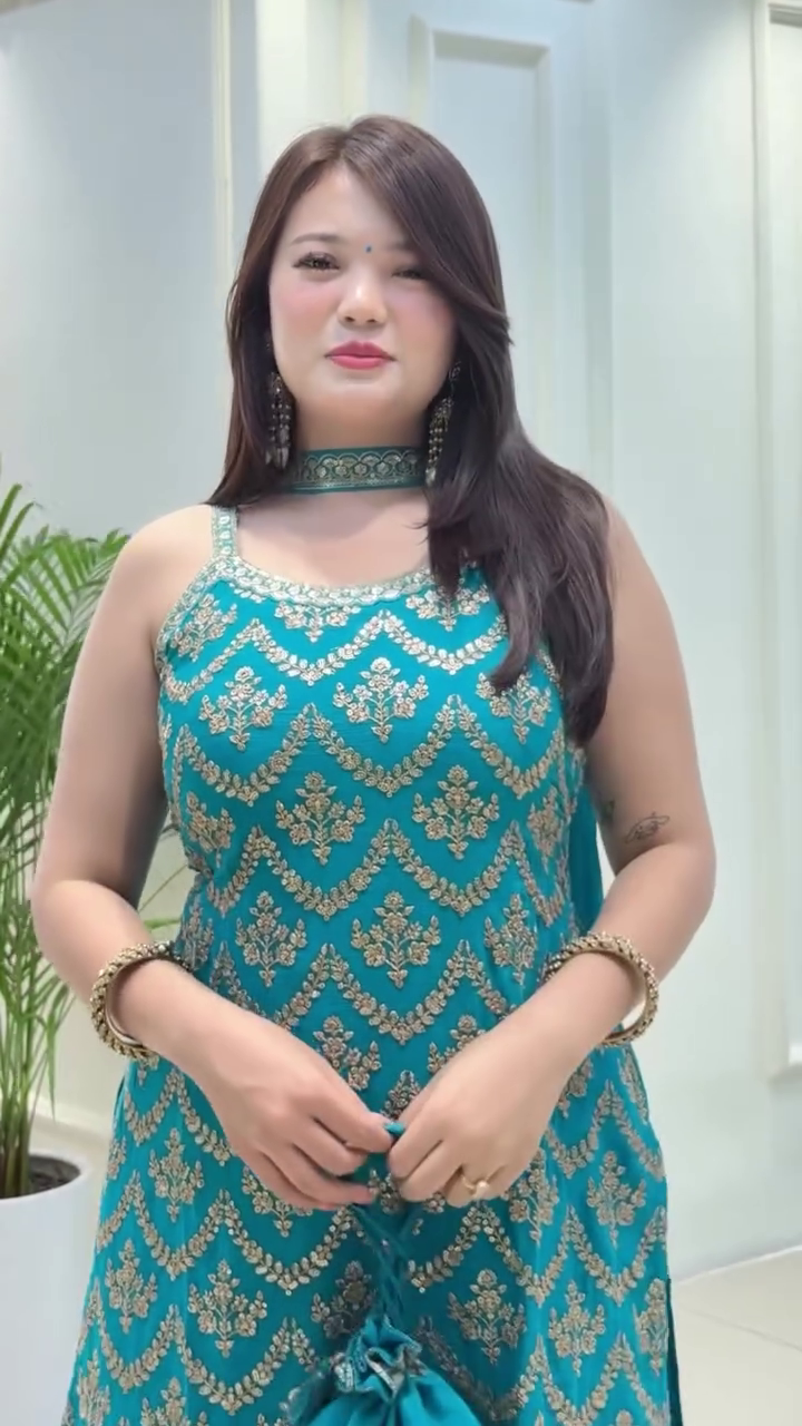 Lehenga Mart Designer Sequence Embroidery Top And Palazzo With Dupatta Set-Sky Blue | Grocsy