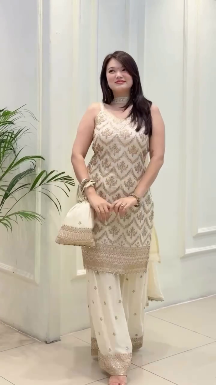 Lehenga Mart Designer Sequence Embroidery Top And Palazzo With Dupatta Set-White | Grocsy