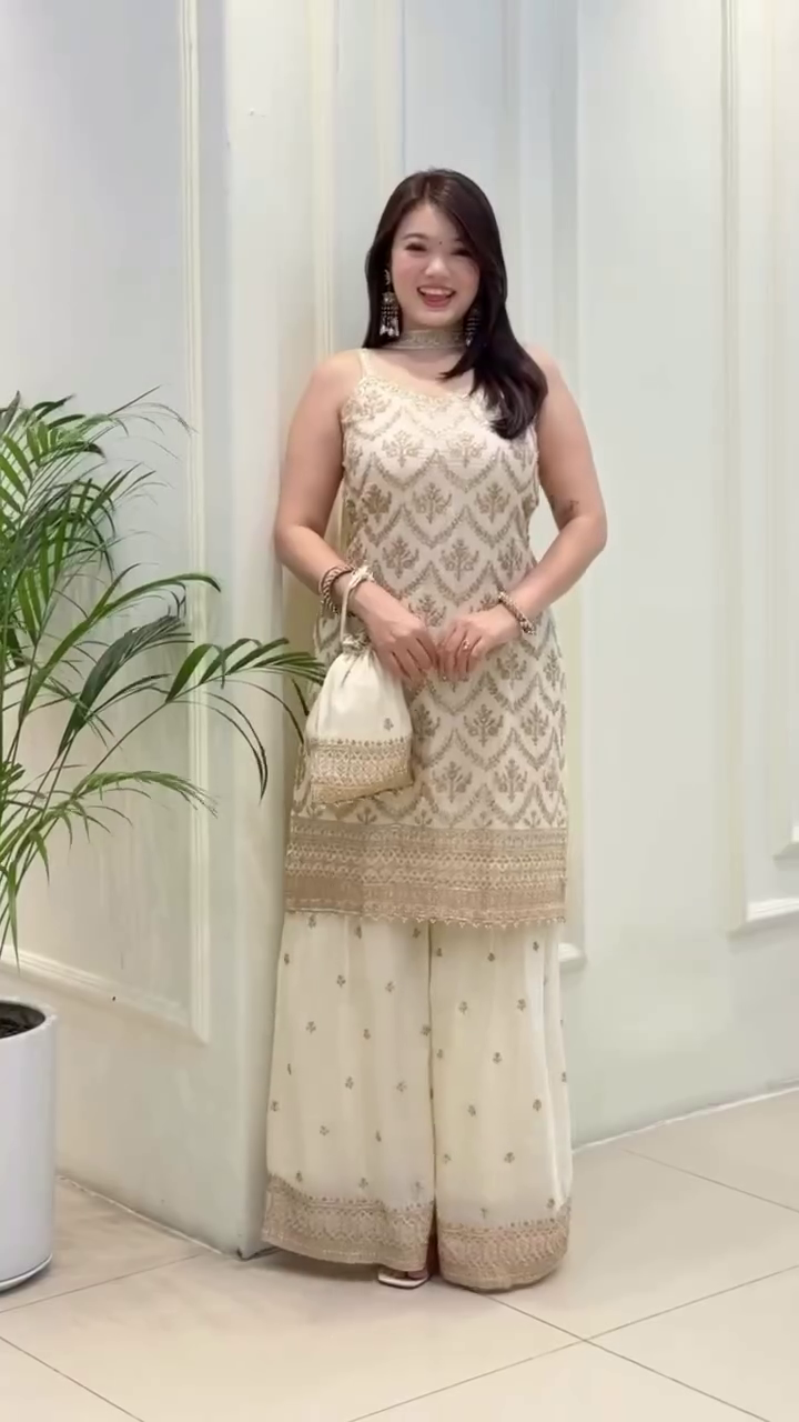 Lehenga Mart Designer Sequence Embroidery Top And Palazzo With Dupatta Set-White | Grocsy