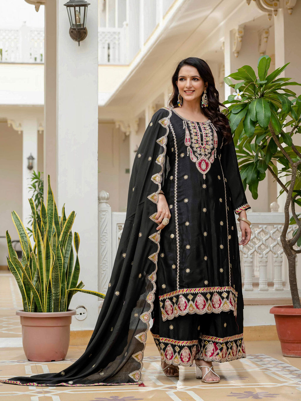 Lehenga Mart Designer Sequence Embroidery On Silk Fabric Top And Palazzo With Dupatta-Black | Grocsy