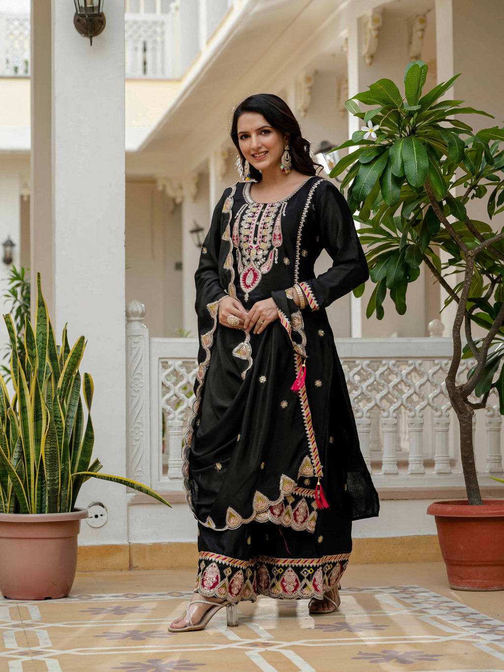 Lehenga Mart Designer Sequence Embroidery On Silk Fabric Top And Palazzo With Dupatta-Black | Grocsy
