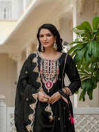 Lehenga Mart Designer Sequence Embroidery On Silk Fabric Top And Palazzo With Dupatta-Black | Grocsy