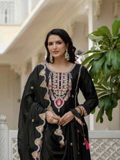 Lehenga Mart Designer Sequence Embroidery On Silk Fabric Top And Palazzo With Dupatta-Black | Grocsy