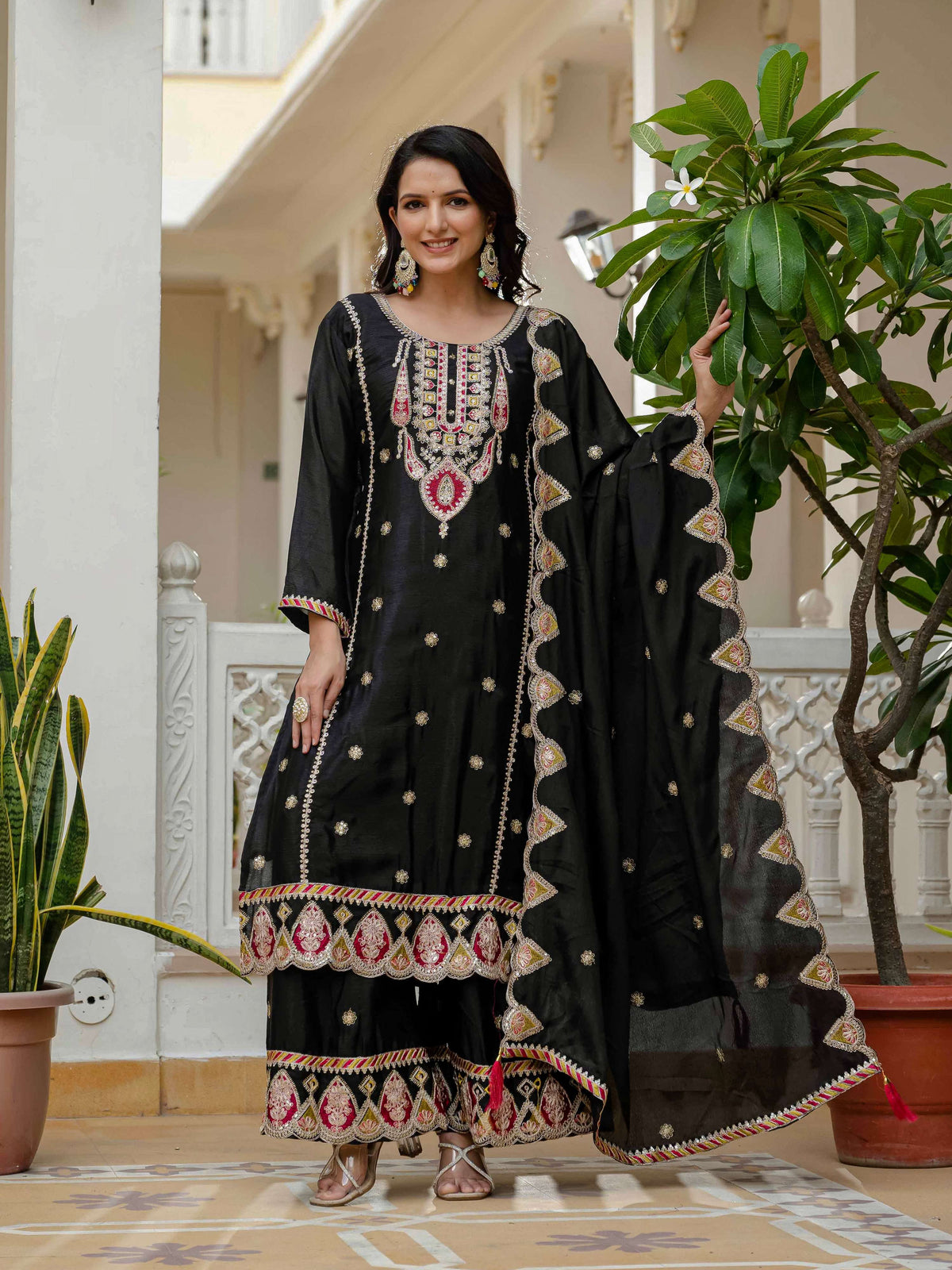Lehenga Mart Designer Sequence Embroidery On Silk Fabric Top And Palazzo With Dupatta-Black | Grocsy