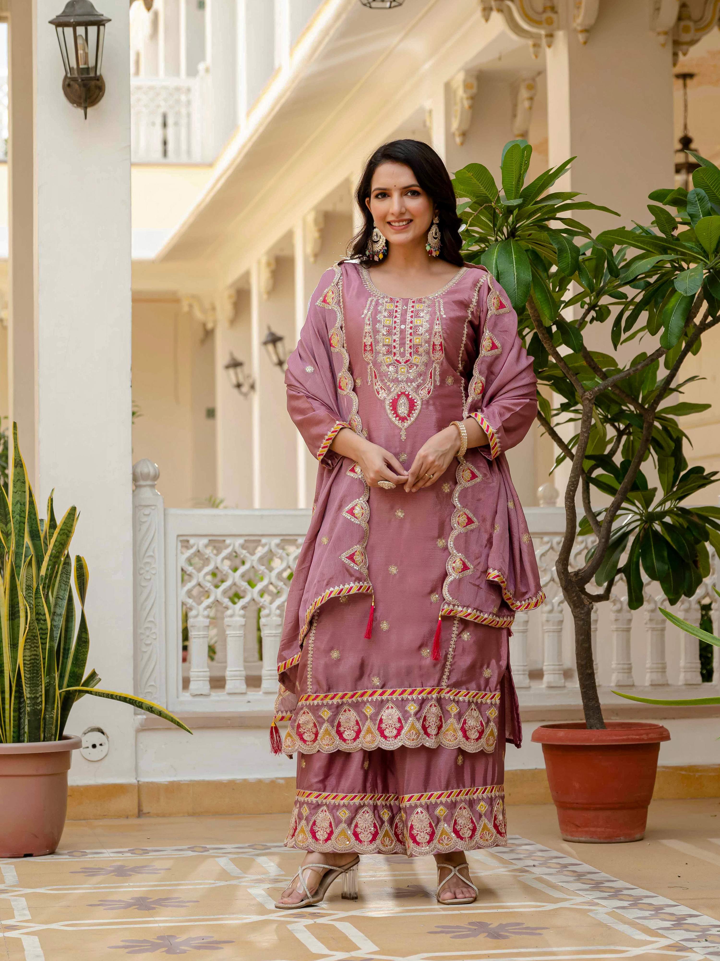 Lehenga Mart Designer Sequence Embroidery On Silk Fabric Top And Palazzo With Dupatta-Multicolor | Grocsy