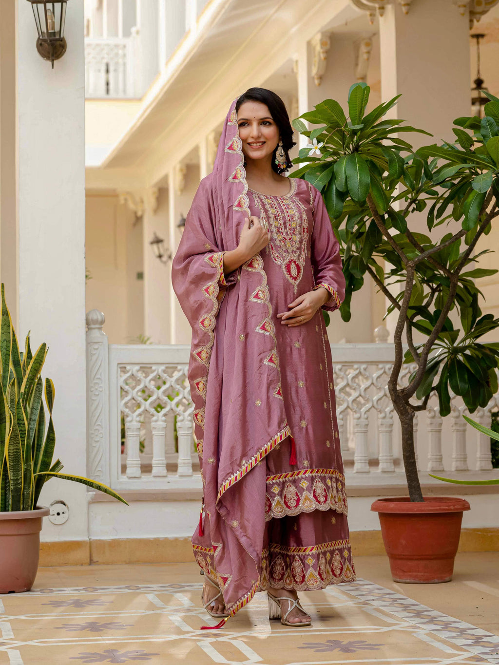 Lehenga Mart Designer Sequence Embroidery On Silk Fabric Top And Palazzo With Dupatta-Multicolor | Grocsy