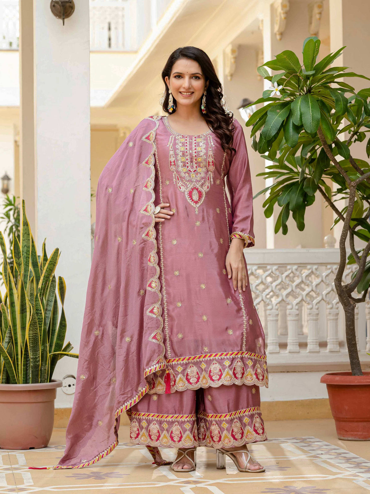 Lehenga Mart Designer Sequence Embroidery On Silk Fabric Top And Palazzo With Dupatta-Multicolor | Grocsy