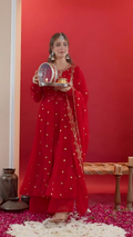 Lehenga Mart Designer Embroidery Sequence Work Gown Palazzo With Dupatta Set-Red | Grocsy