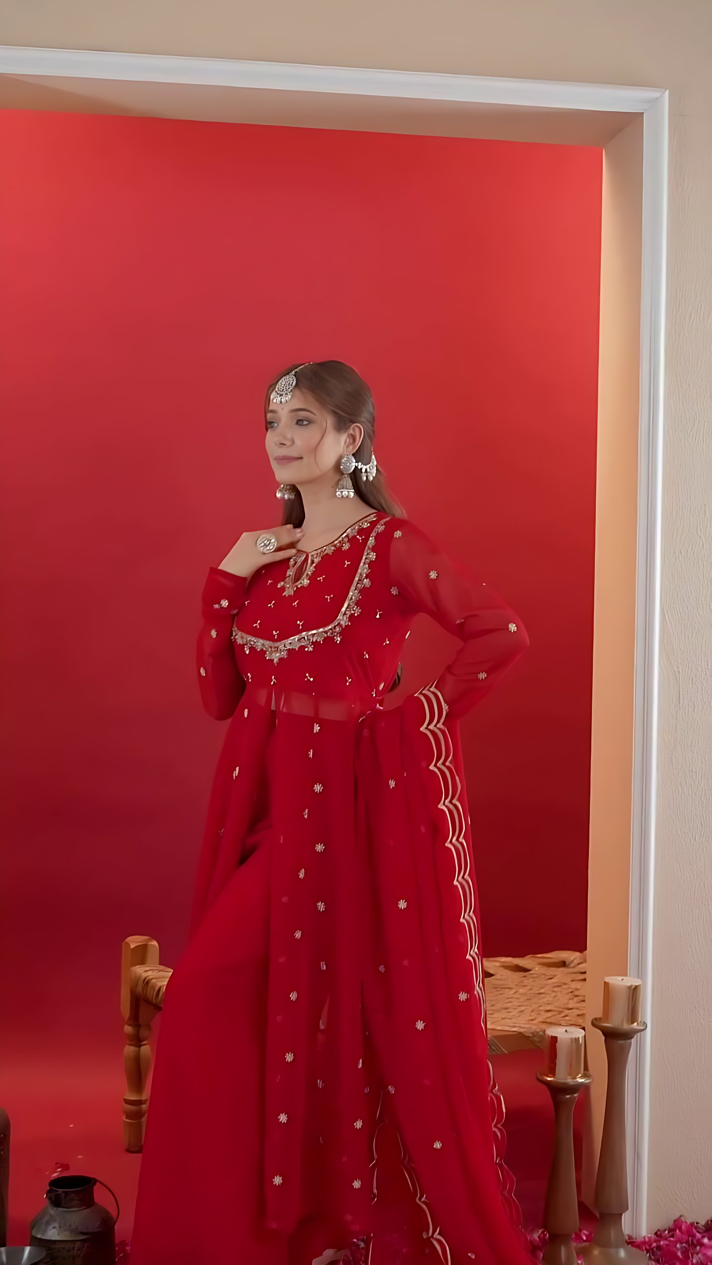 Lehenga Mart Designer Embroidery Sequence Work Gown Palazzo With Dupatta Set-Red | Grocsy