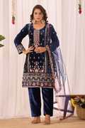 Lehenga Mart Designer Velvet Sequence Embroidery Work Suit Pant With Dupatta Set-Blue | Grocsy