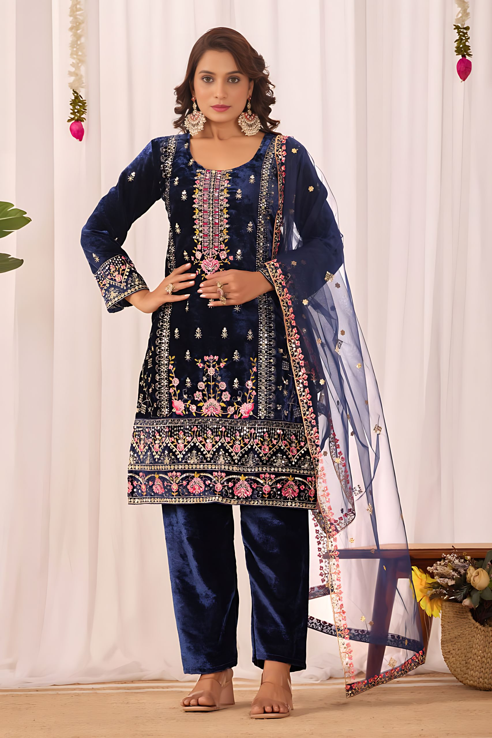 Lehenga Mart Designer Velvet Sequence Embroidery Work Suit Pant With Dupatta Set-Blue | Grocsy