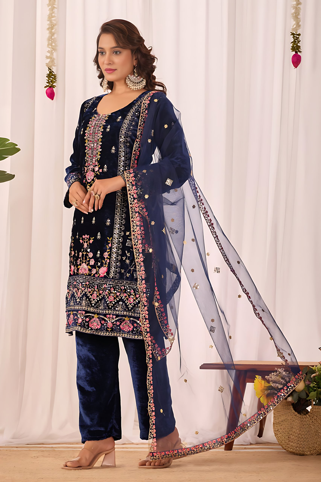 Lehenga Mart Designer Velvet Sequence Embroidery Work Suit Pant With Dupatta Set-Blue | Grocsy