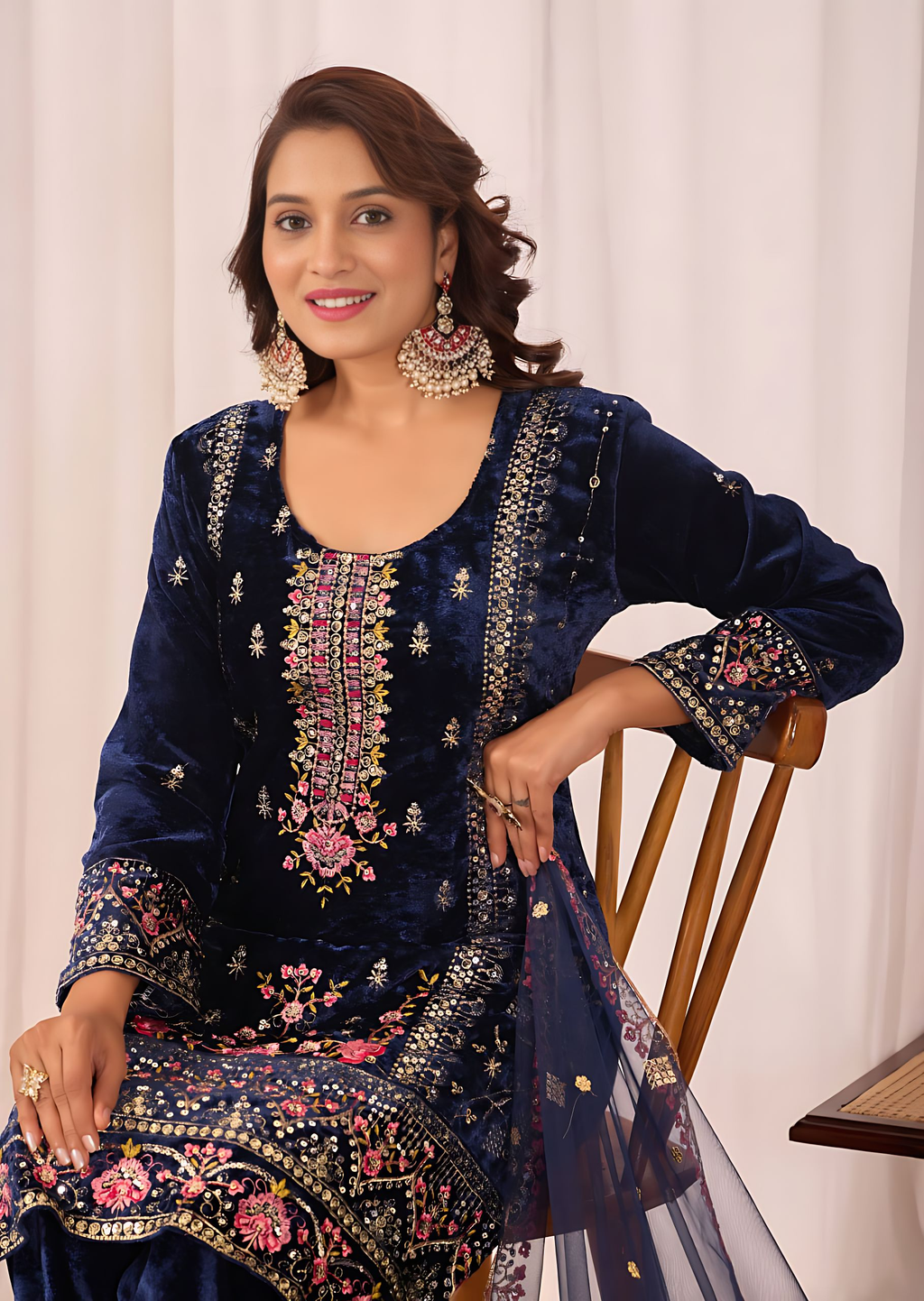 Lehenga Mart Designer Velvet Sequence Embroidery Work Suit Pant With Dupatta Set-Blue | Grocsy