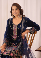 Lehenga Mart Designer Velvet Sequence Embroidery Work Suit Pant With Dupatta Set-Blue | Grocsy