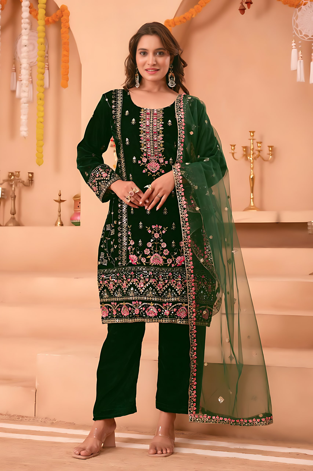 Lehenga Mart Designer Velvet Sequence Embroidery Work Suit Pant With Dupatta Set-Green | Grocsy