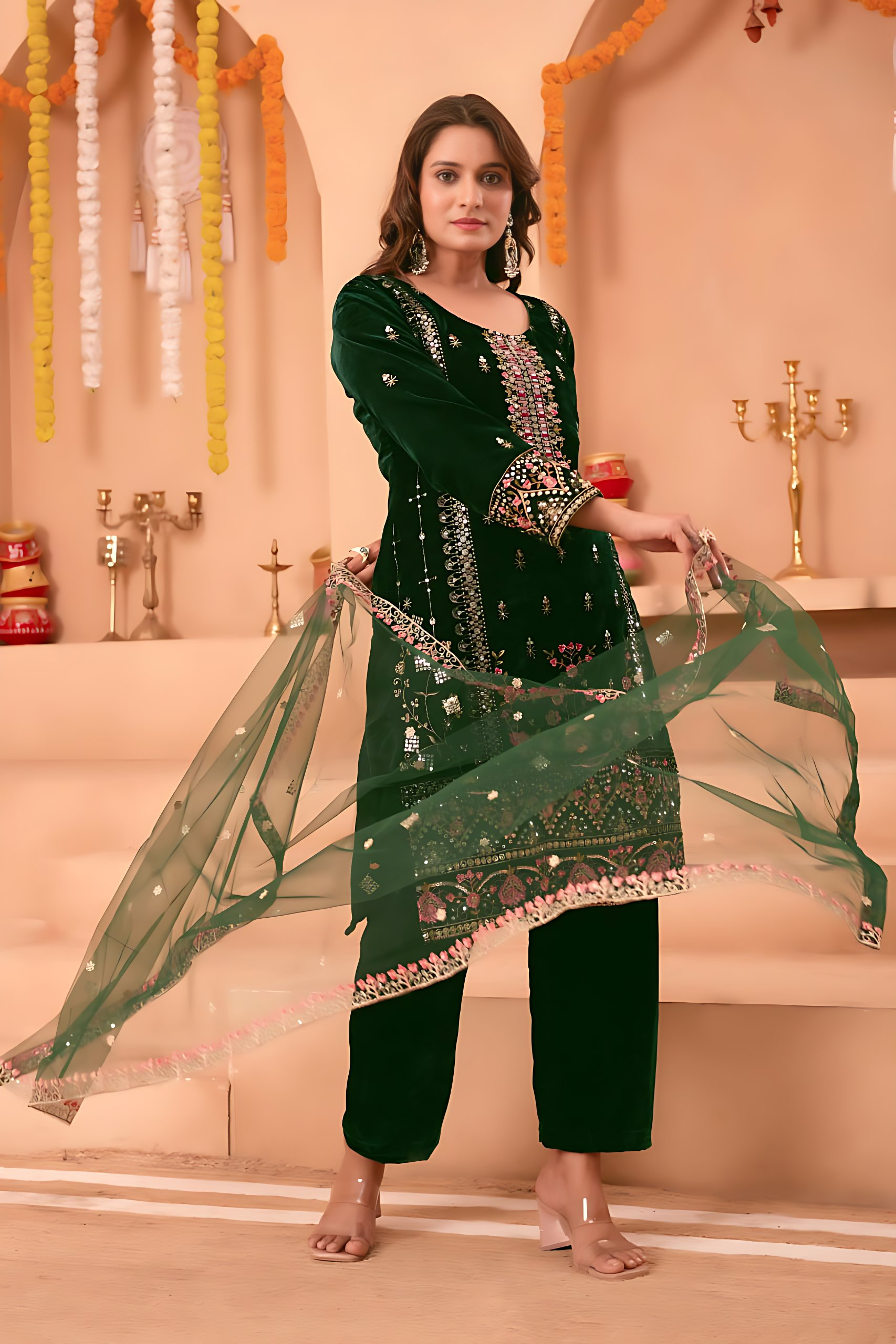 Lehenga Mart Designer Velvet Sequence Embroidery Work Suit Pant With Dupatta Set-Green | Grocsy