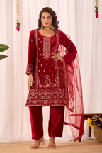 Lehenga Mart Designer Velvet Sequence Embroidery Work Suit Pant With Dupatta Set-Red | Grocsy