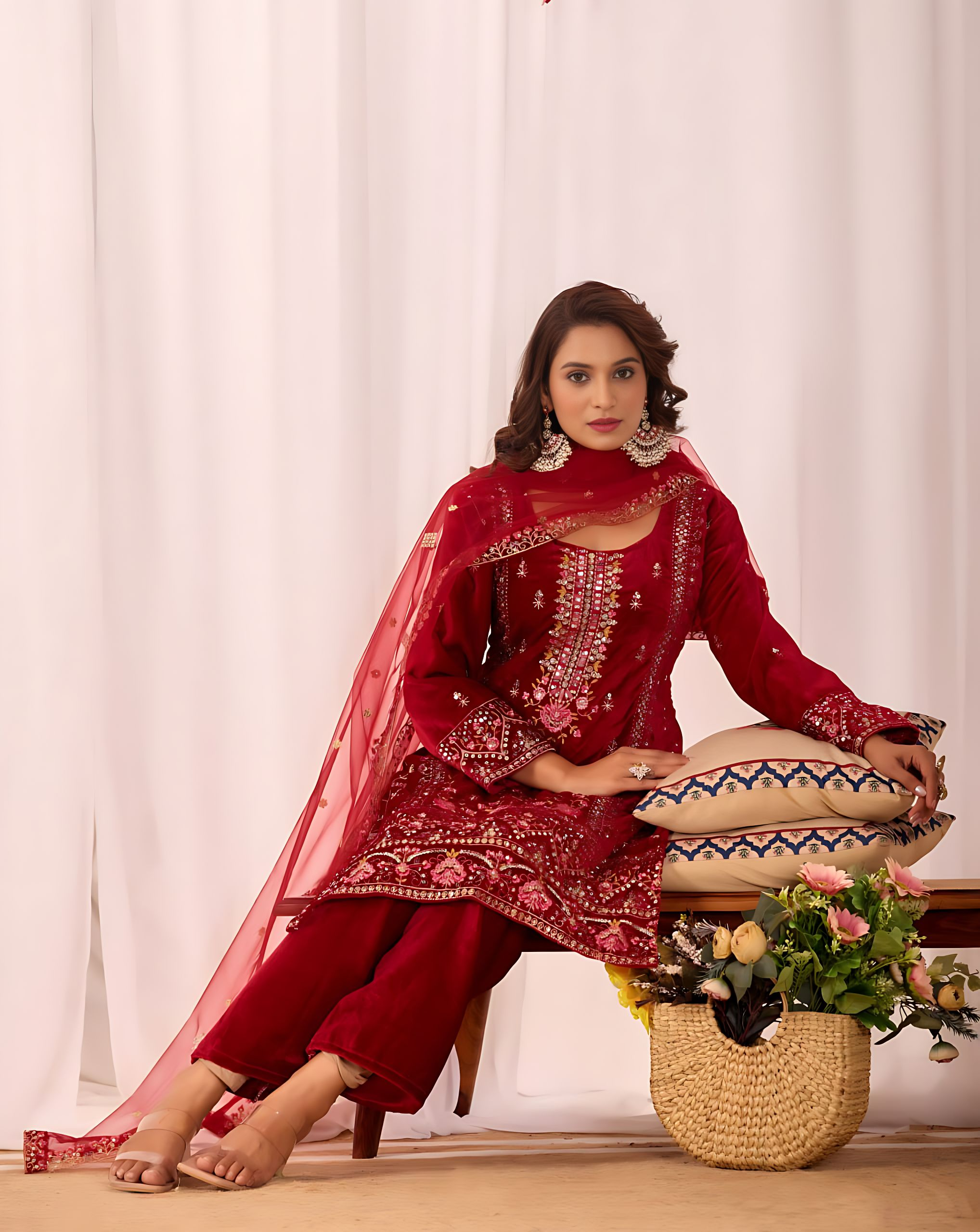 Lehenga Mart Designer Velvet Sequence Embroidery Work Suit Pant With Dupatta Set-Red | Grocsy