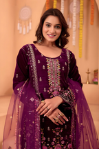 Lehenga Mart Designer Velvet Sequence Embroidery Work Suit Pant With Dupatta Set-Wine | Grocsy