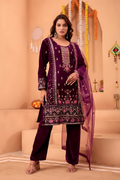 Lehenga Mart Designer Velvet Sequence Embroidery Work Suit Pant With Dupatta Set-Wine | Grocsy