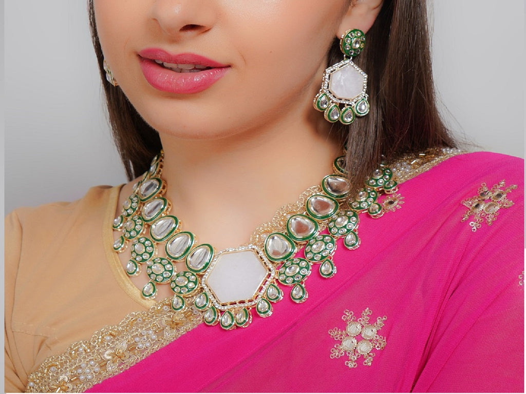 Divisha Alloy Gold-plated Green Meenakari Heavy Jewellery Set | Grocsy