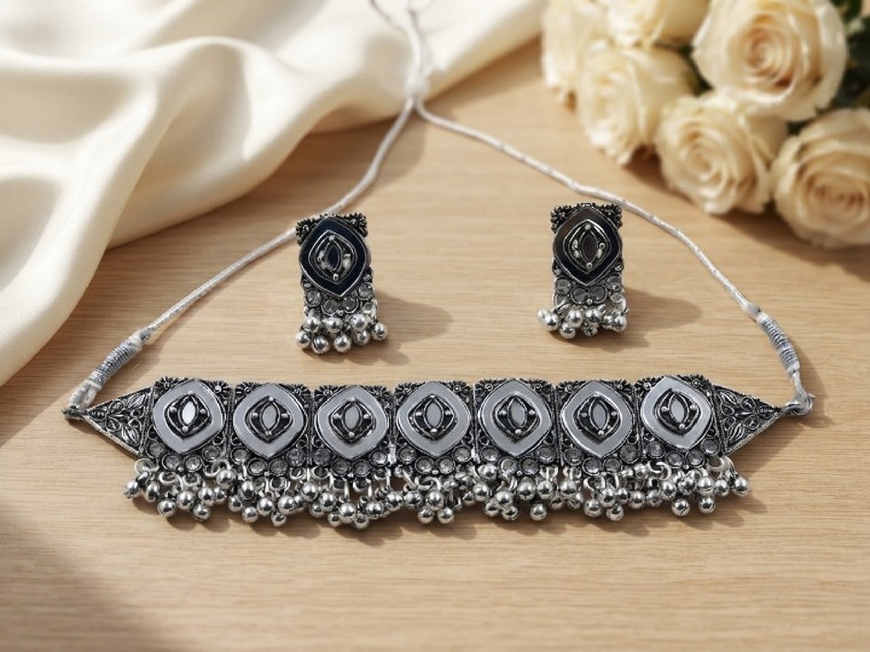 Jewel City Oxidized Silver Mirror Choker Set, Ethnic Indian Jewelry For Women | Grocsy