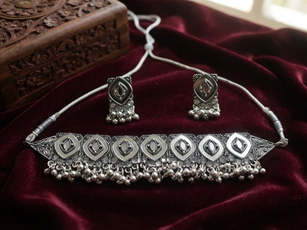 Jewel City Oxidized Silver Mirror Choker Set, Ethnic Indian Jewelry For Women | Grocsy