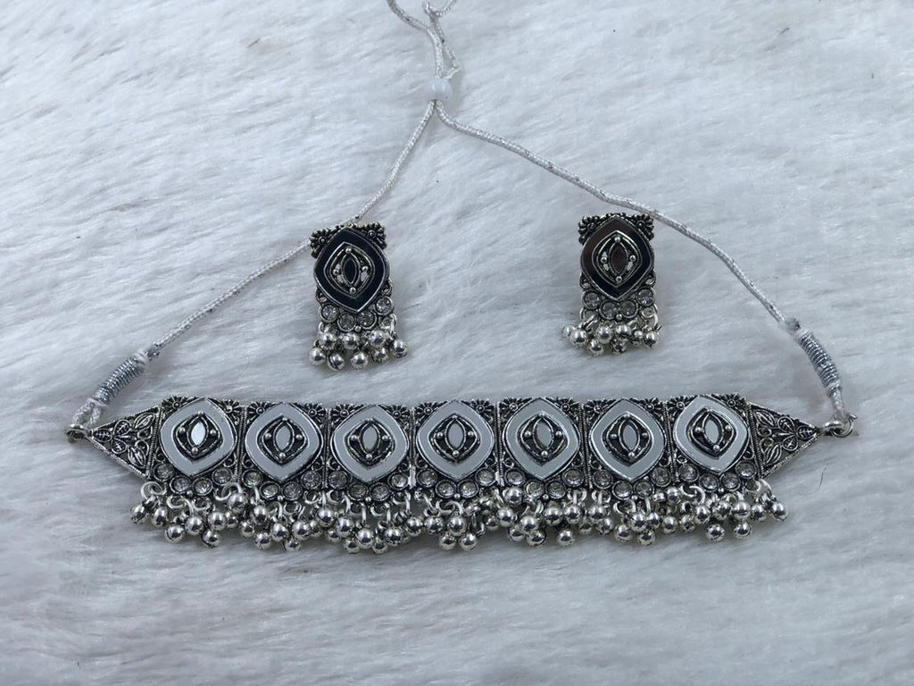 Jewel City Oxidized Silver Mirror Choker Set, Ethnic Indian Jewelry For Women | Grocsy