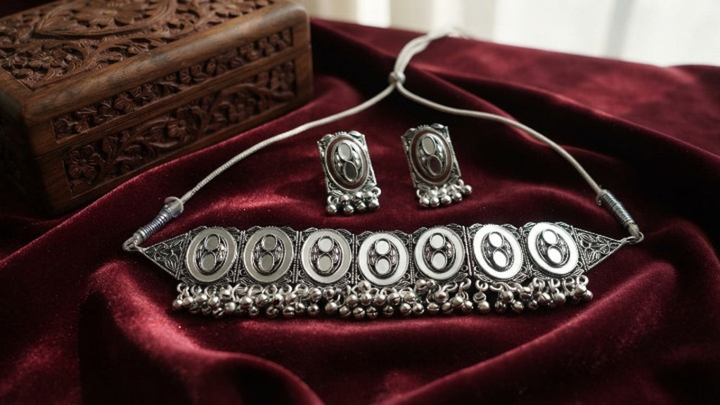 Jewel City Oxidized Silver Mirror Choker Set, Ethnic Jewelry For Women | Grocsy
