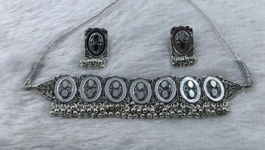 Jewel City Oxidized Silver Mirror Choker Set, Ethnic Jewelry For Women | Grocsy