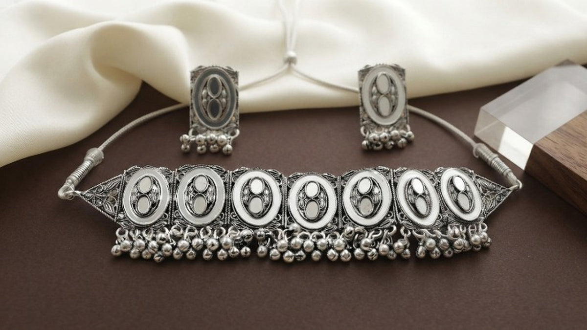 Jewel City Oxidized Silver Mirror Choker Set, Ethnic Jewelry For Women | Grocsy