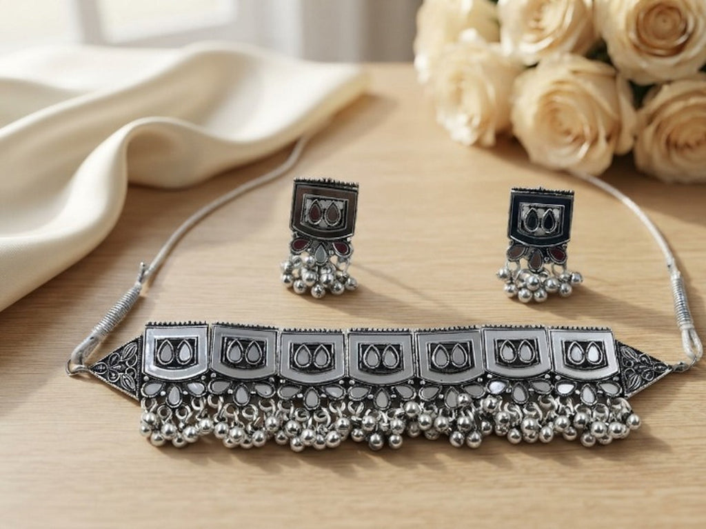 Jewel City Oxidized Silver Mirror Choker Set, Traditional Ethnic Jewelry For Women | Grocsy