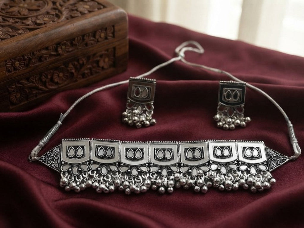 Jewel City Oxidized Silver Mirror Choker Set, Traditional Ethnic Jewelry For Women | Grocsy