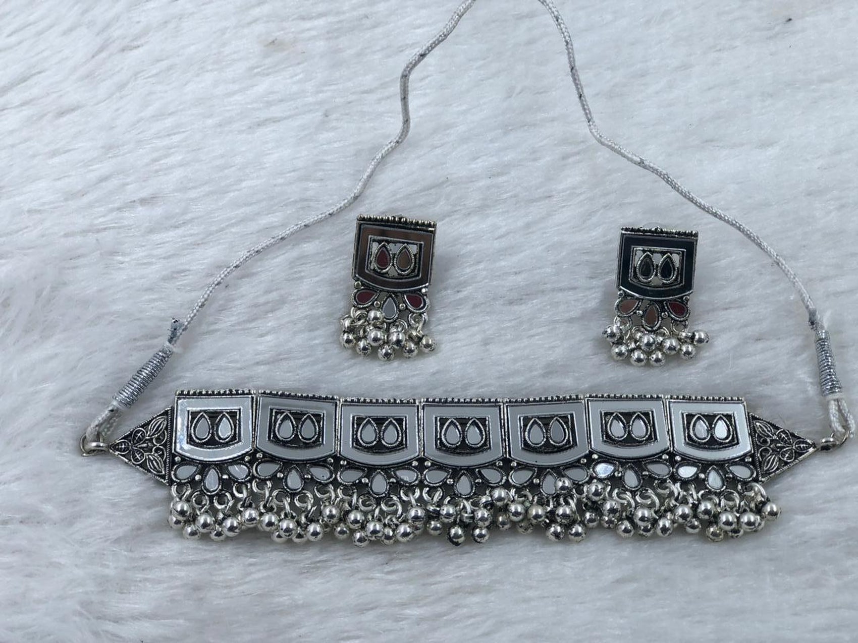 Jewel City Oxidized Silver Mirror Choker Set, Traditional Ethnic Jewelry For Women | Grocsy