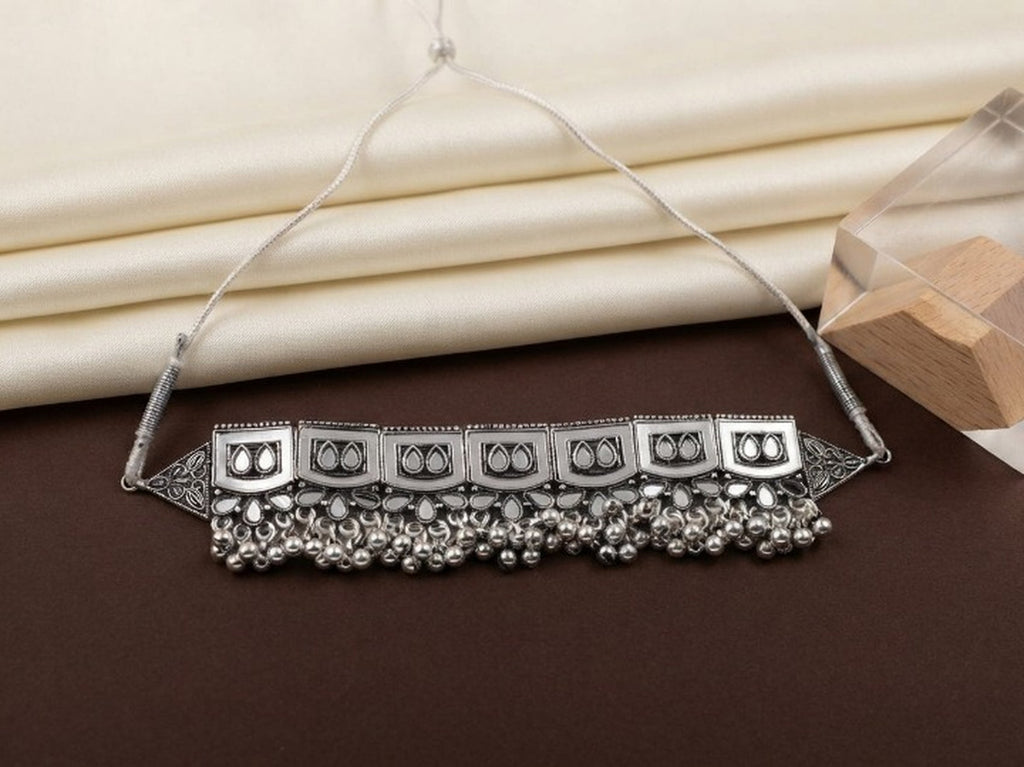 Jewel City Oxidized Silver Mirror Choker Set, Traditional Ethnic Jewelry For Women | Grocsy