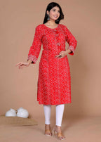 Miravan Women's Festive Wear Red Bandhani Printed Straight Kurta | Grocsy