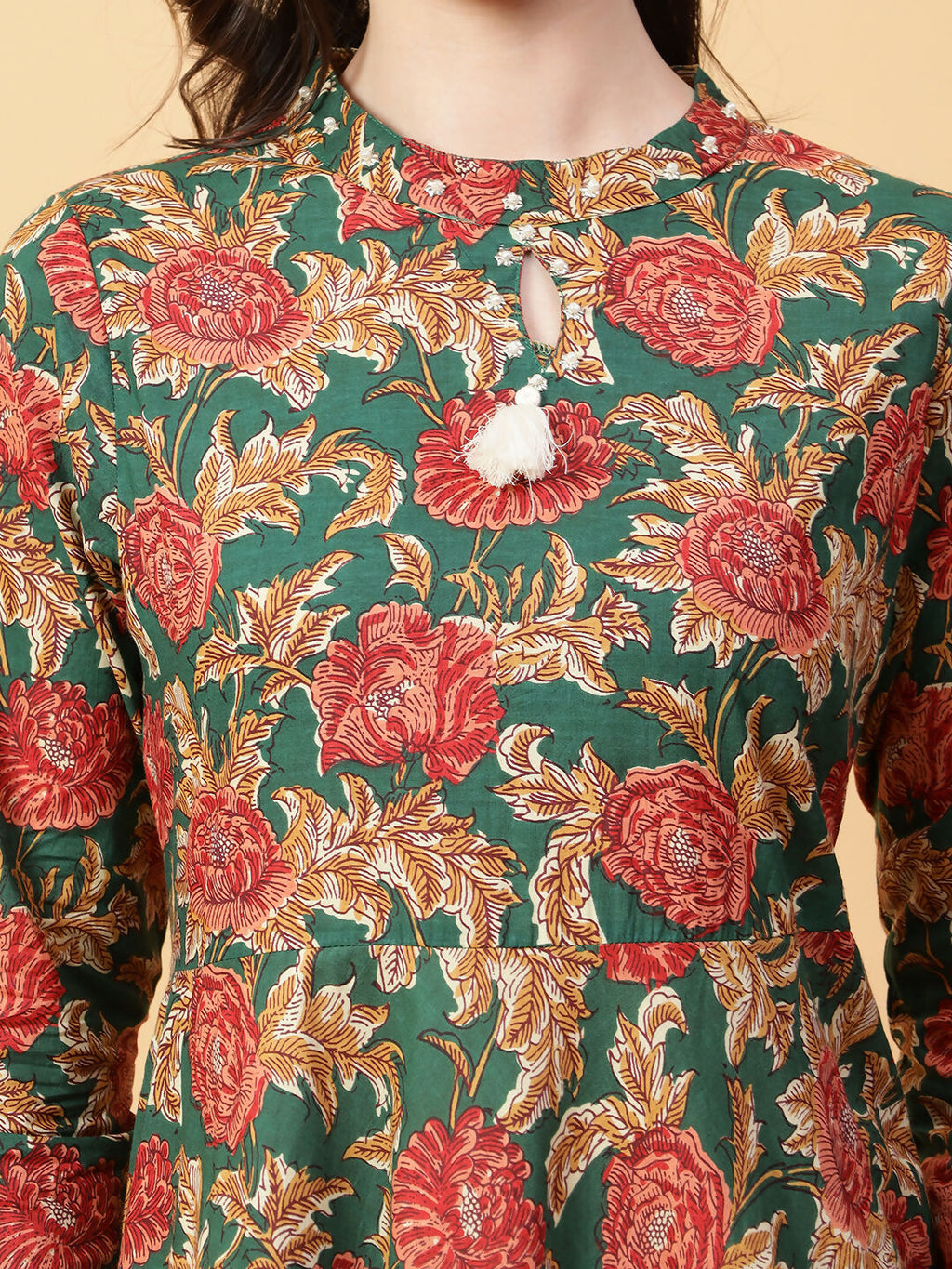 Joban Fashion Green Cotton Printed & Hand Work Dress | Grocsy