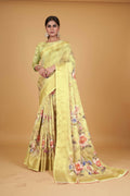 Yellow Cotton Silk Digital Printed Saree With Unstitched Blouse Piece - Alisha | Grocsy