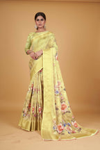 Yellow Cotton Silk Digital Printed Saree With Unstitched Blouse Piece - Alisha | Grocsy